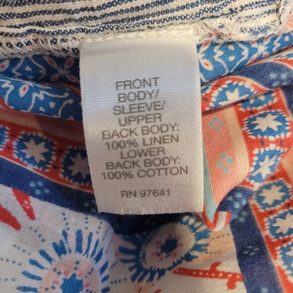 J.Jill Womens Striped Linen Blend Button-Up Short Sleeve Shirt With Floral & Geo - Picture 14 of 16